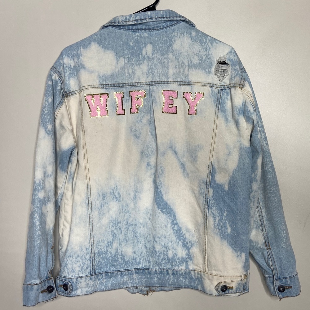 Wifey Bridal Bride Embellished Distressed Jean Jacket M